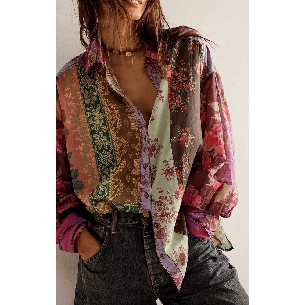 Free People We The Free Women's XS Flower Patch Button Down Shirt Patchwork boho